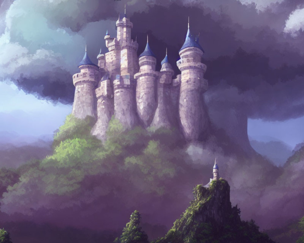 Castle on Forested Hill with Misty Atmosphere and Towering Spires