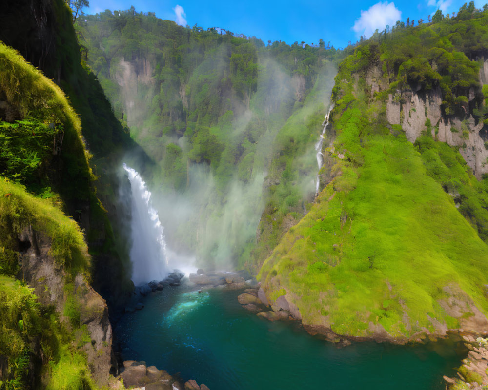 Majestic waterfall cascading into serene pool with mist and sunlight.