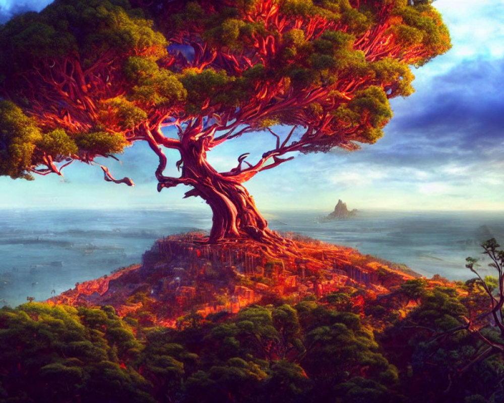 Fantastical image of massive tree with red canopy on rocky structure in misty landscape