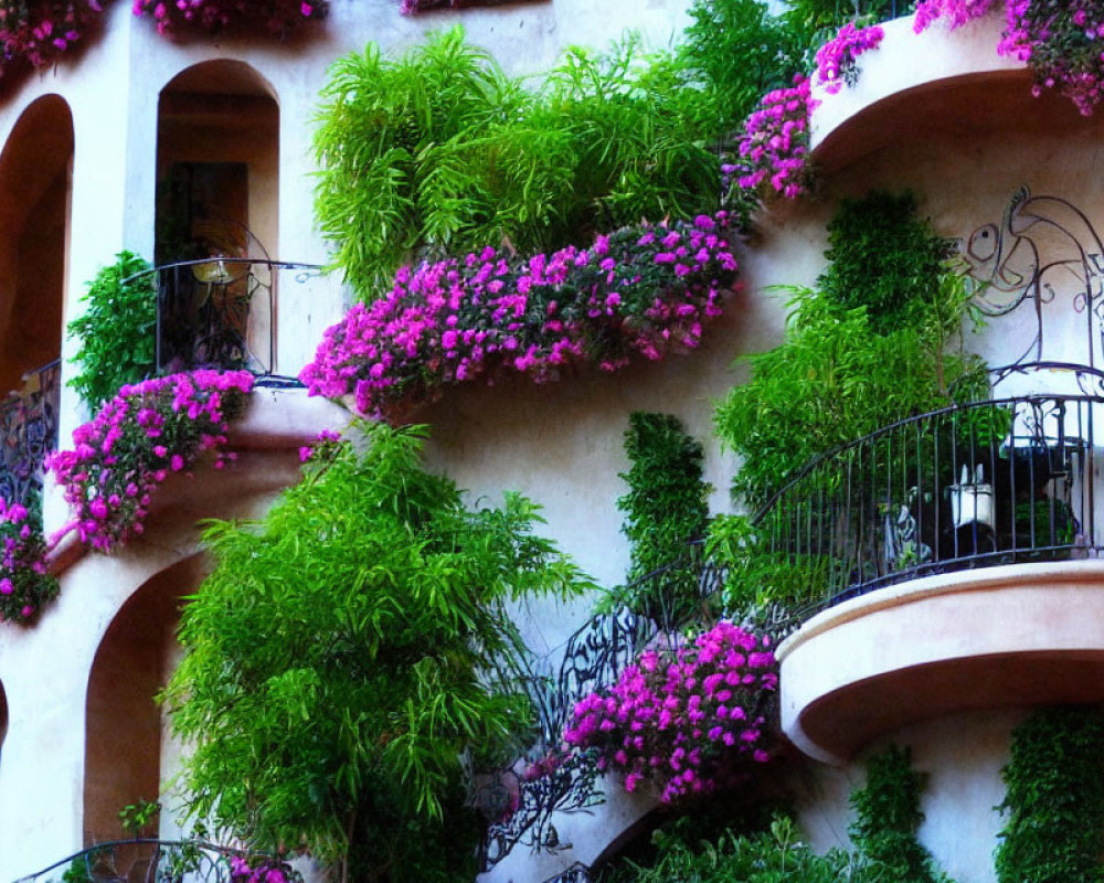 Vibrant pink flowers on charming building facade