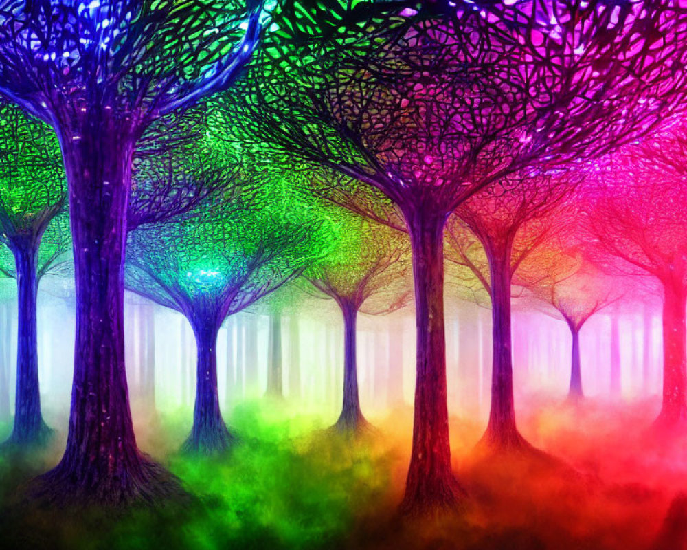 Colorful Digital Artwork: Vibrant Forest in Purple, Blue, Green, Yellow, and Pink