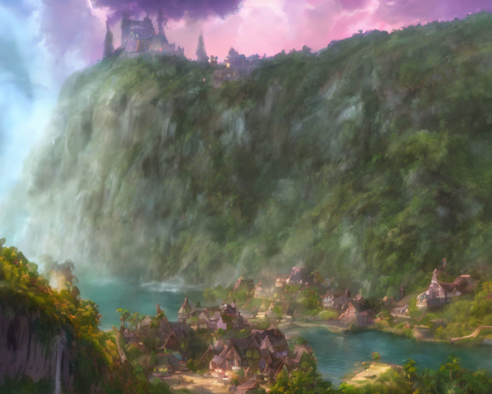 Fantasy landscape with village, waterfall cliff, colorful sky