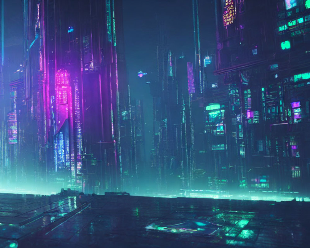 Futuristic neon-lit cityscape with towering skyscrapers at night