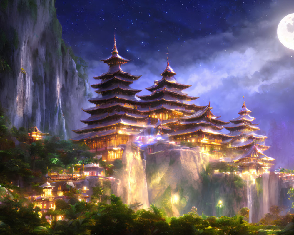 Moonlit fantasy landscape with cascading waterfalls and pagodas.