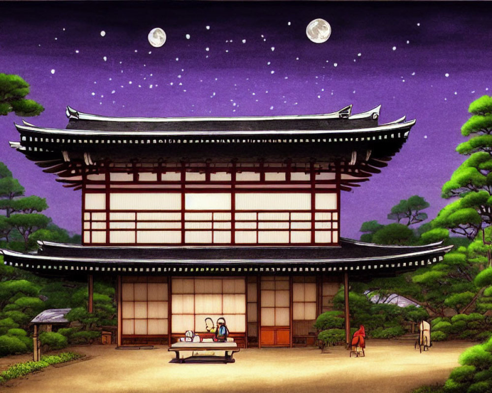 Traditional Japanese Building at Night with Two Moons and Starry Sky