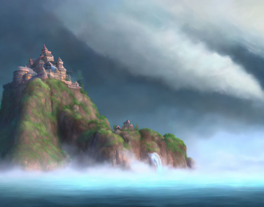 Mystical castle on lush cliff with waterfalls and mist under cloudy sky