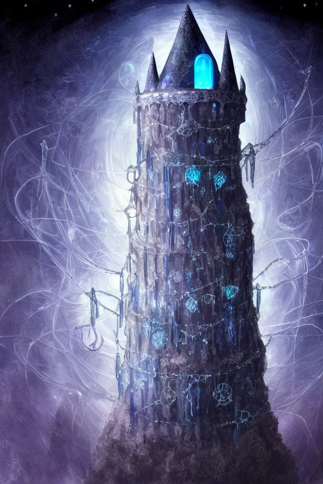 Mystical dark tower with glowing blue runes and gems in misty purple backdrop