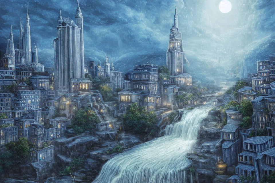 Moonlit cityscape with grand towers and waterfalls in mystical setting