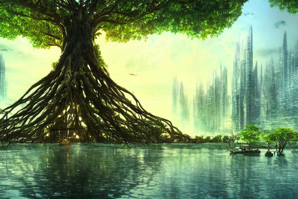 Large tree with extensive roots near serene lake and futuristic cityscape under bright sky