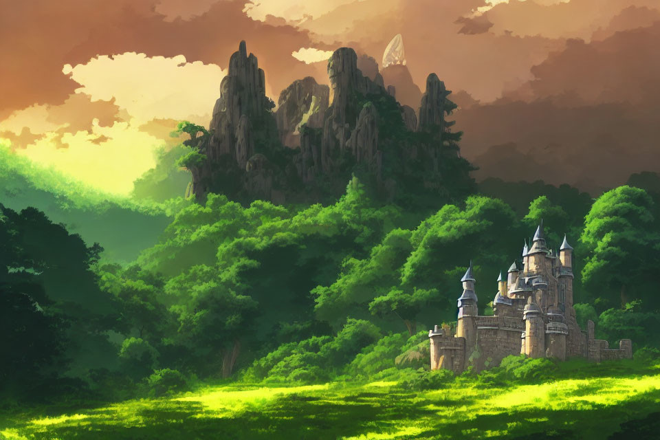 Castle in lush forest with rocky mountains under warm sky