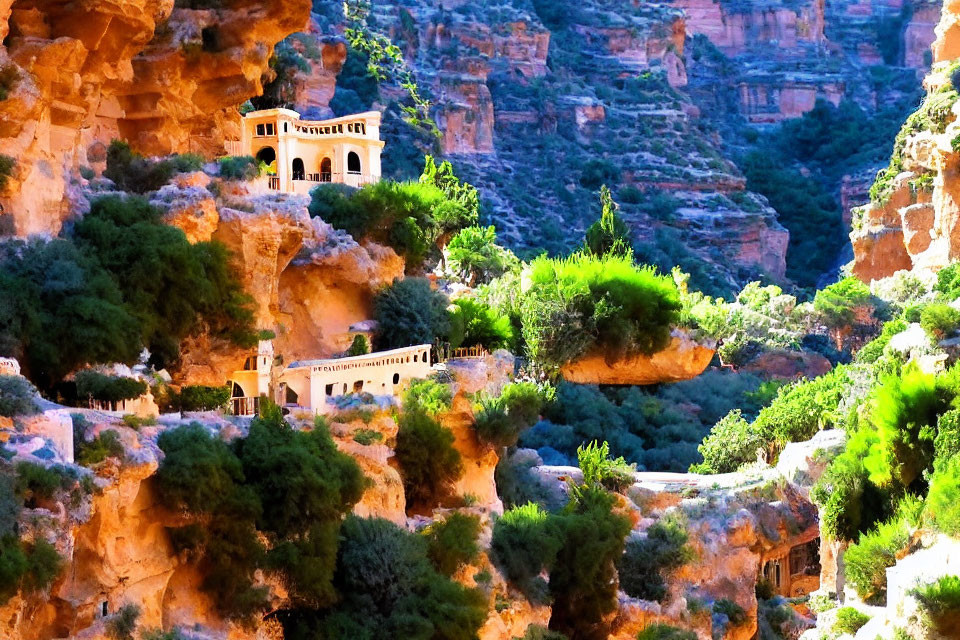 Sunlit monastery in lush green canyon with stone stairway