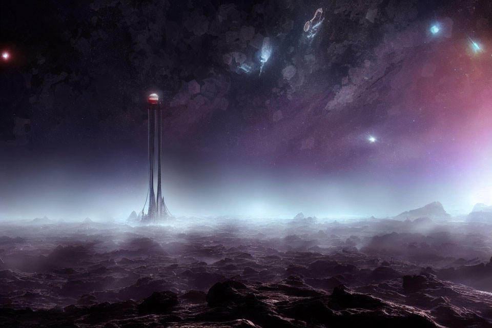 Futuristic monolithic tower on rocky alien surface with cosmic backdrop