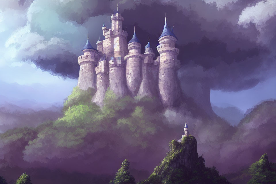 Castle on Forested Hill with Misty Atmosphere and Towering Spires