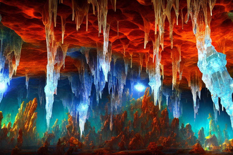 Colorful Cave with Red-Orange Ceilings and Blue Icicle Formations