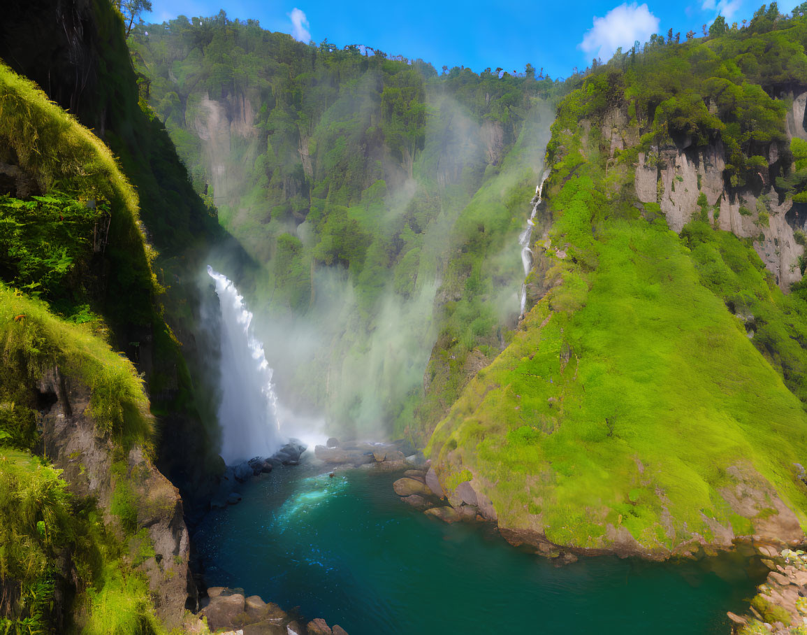 Majestic waterfall cascading into serene pool with mist and sunlight.