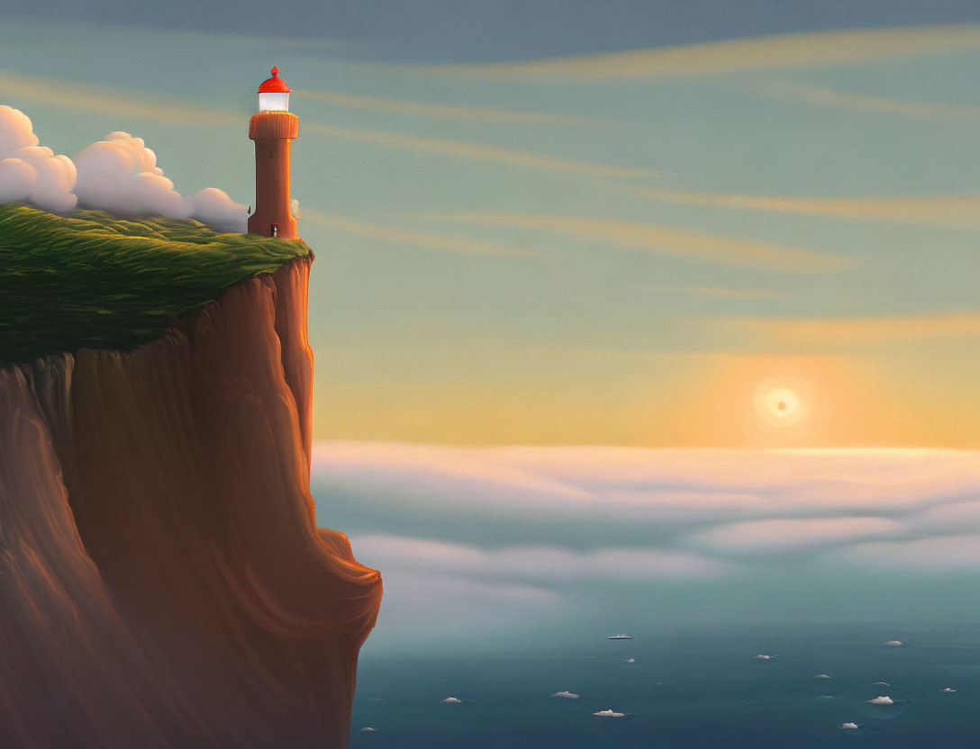 Lighthouse on Cliff Overlooking Sunset Sea