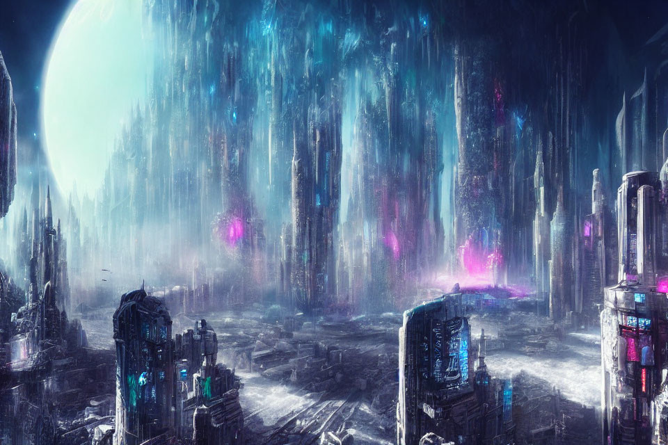 Futuristic cityscape with towering blue structures and pink lights under planet silhouette