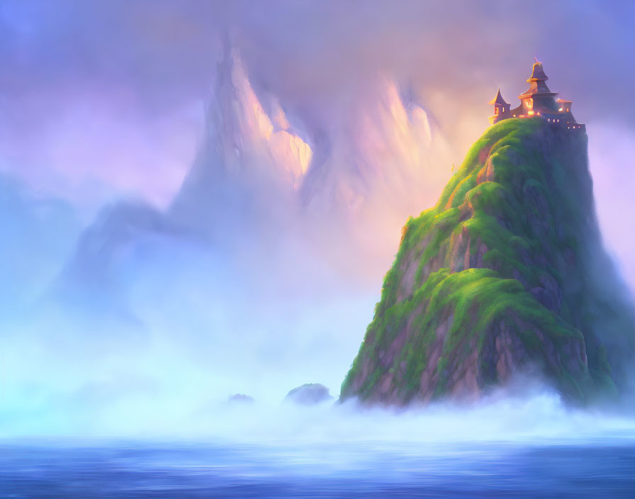 Mystical ocean landscape with castle on island & misty mountains