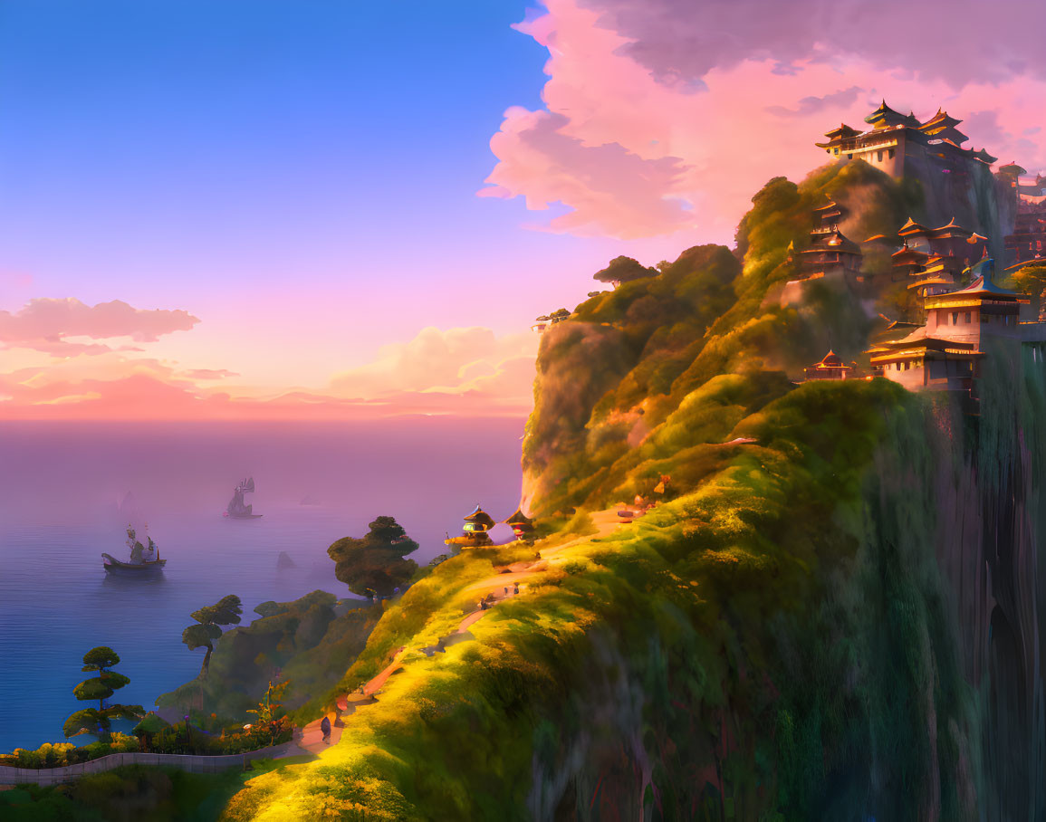 Fantasy landscape: Eastern-style buildings on cliffs at sunset