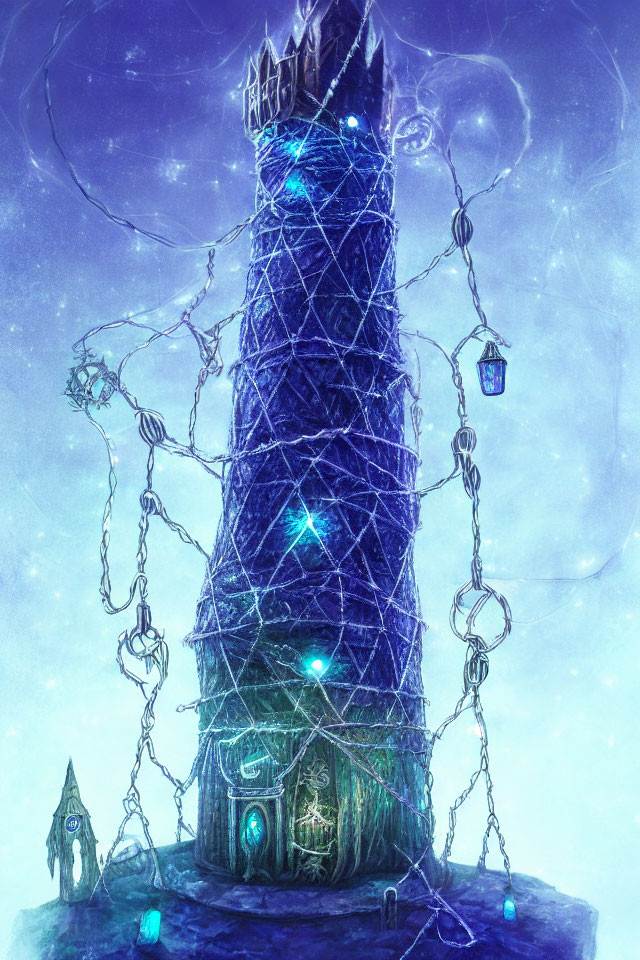 Mystical tower with glowing chains and vines under starry night sky