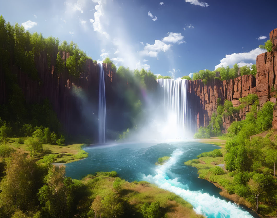 Majestic waterfall cascades down red cliff into tranquil river surrounded by lush greenery