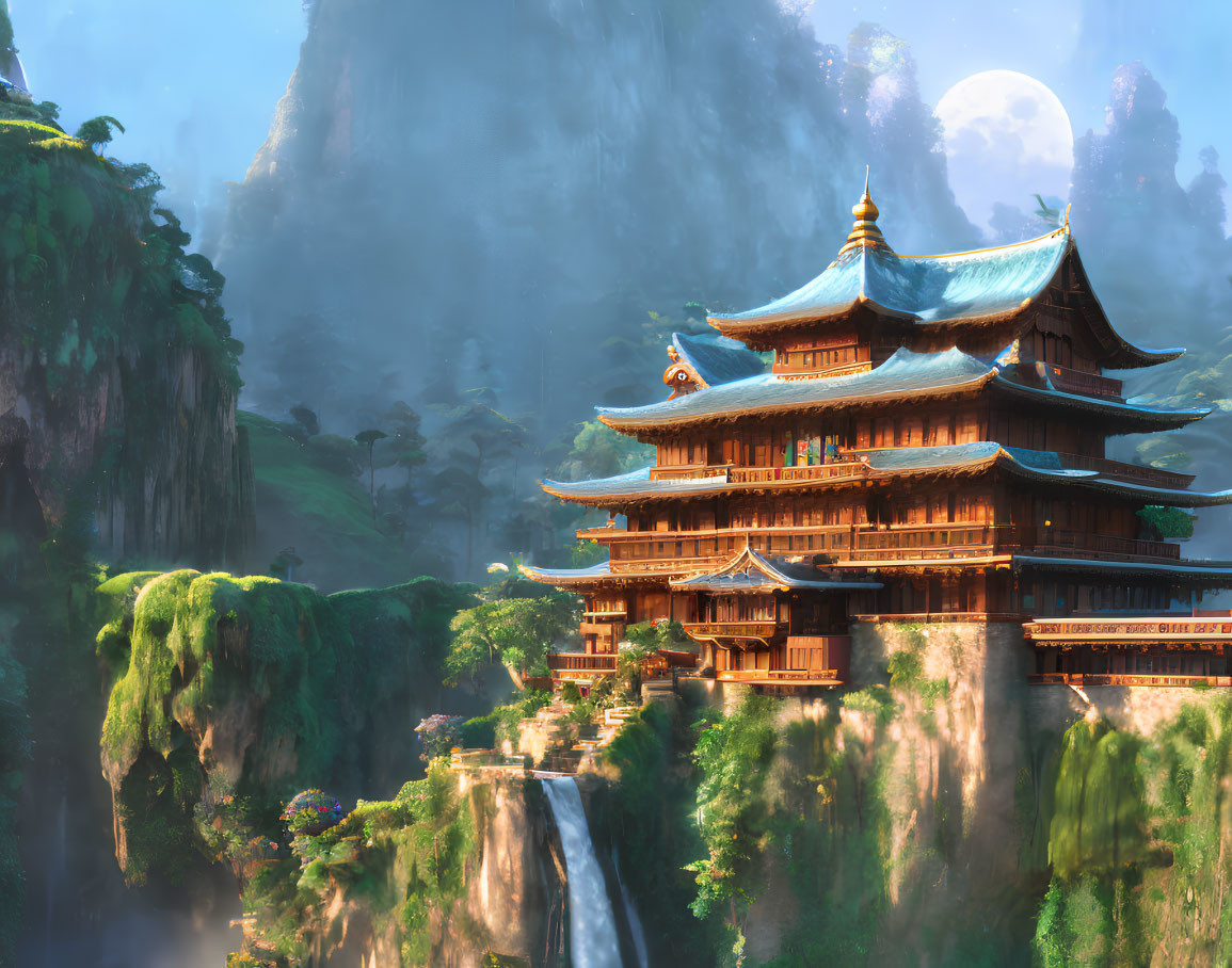 Moonlit Asian Pagoda on Cliff with Waterfall