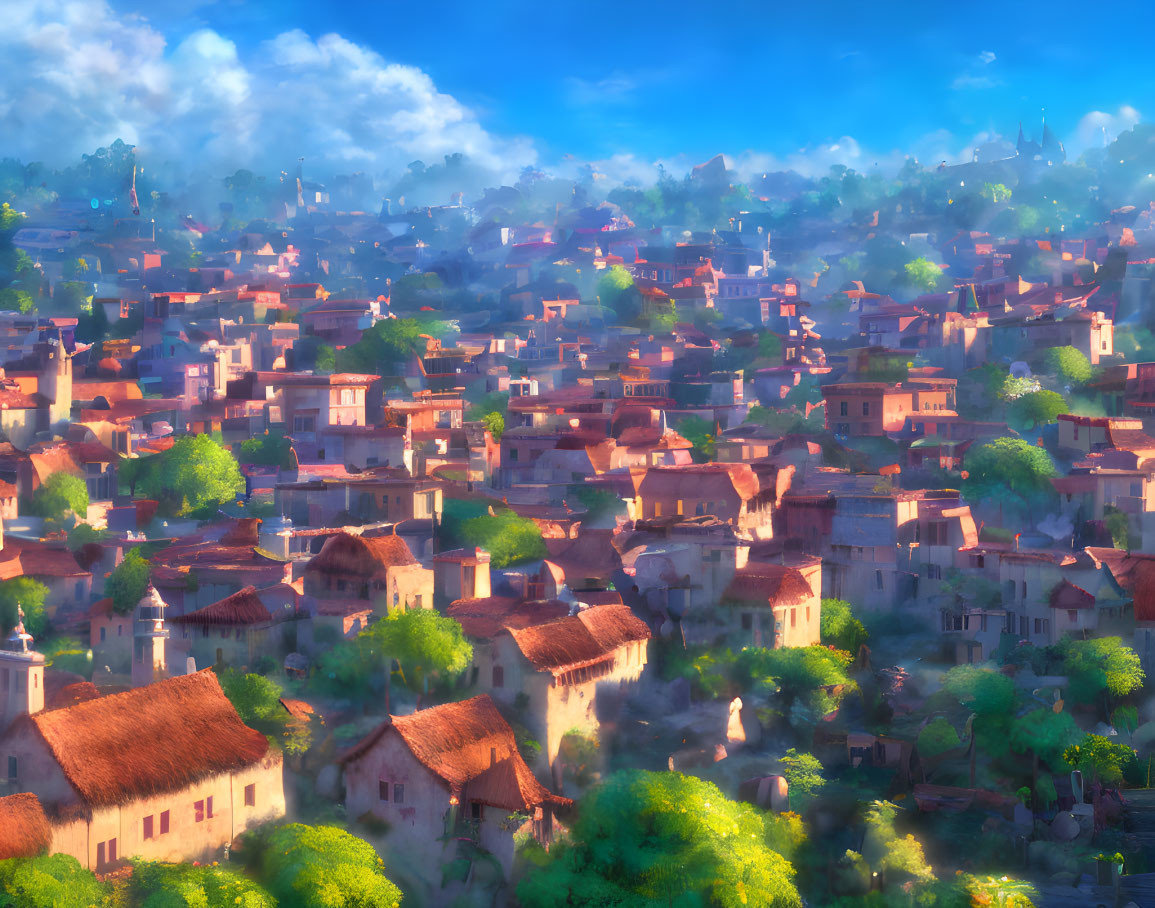 Sunlit village with terracotta rooftops in lush setting