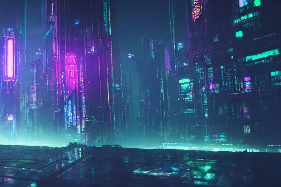 Futuristic neon-lit cityscape with towering skyscrapers at night