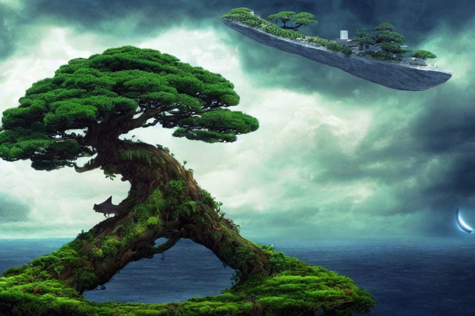 Fantastical landscape with giant bonsai tree over water and floating island.