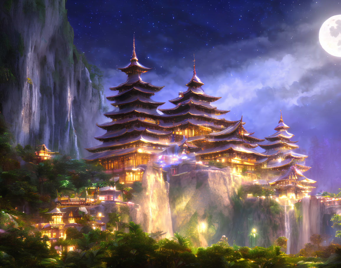 Moonlit fantasy landscape with cascading waterfalls and pagodas.