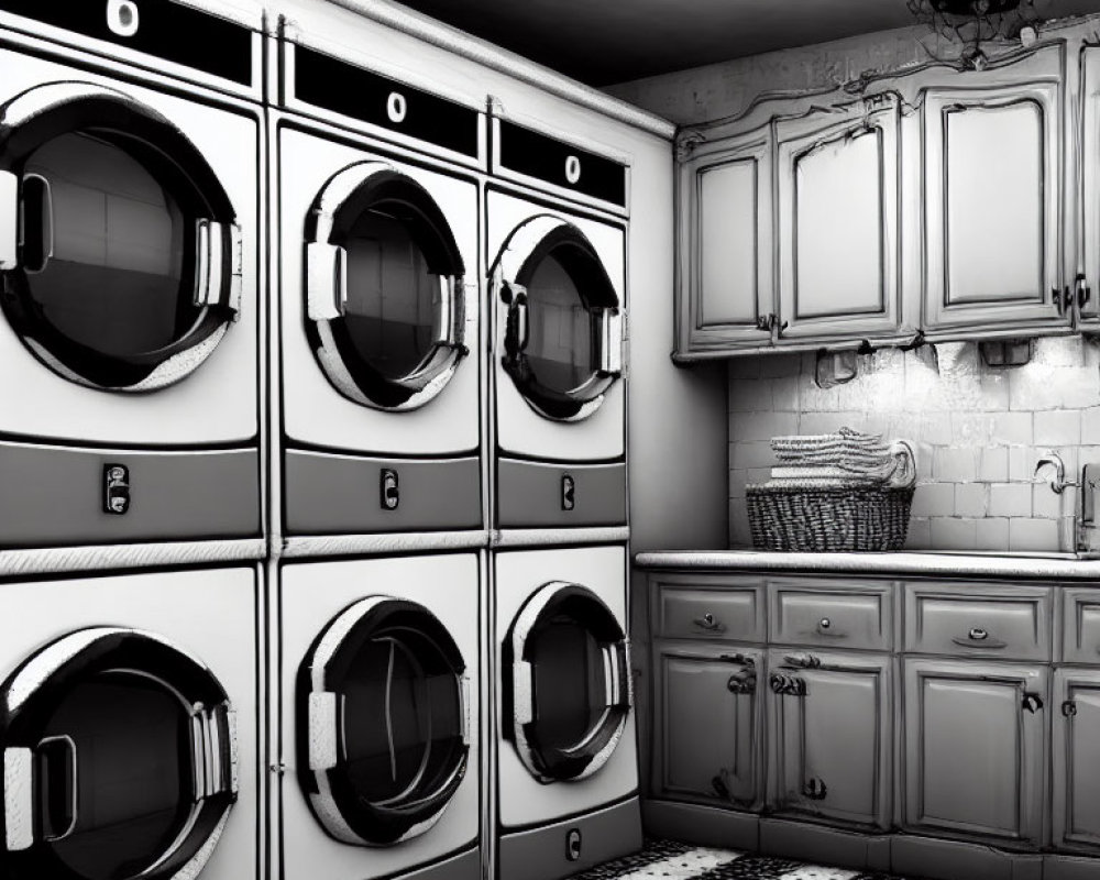 Monochrome laundry room with six washing machines and classic cabinetry