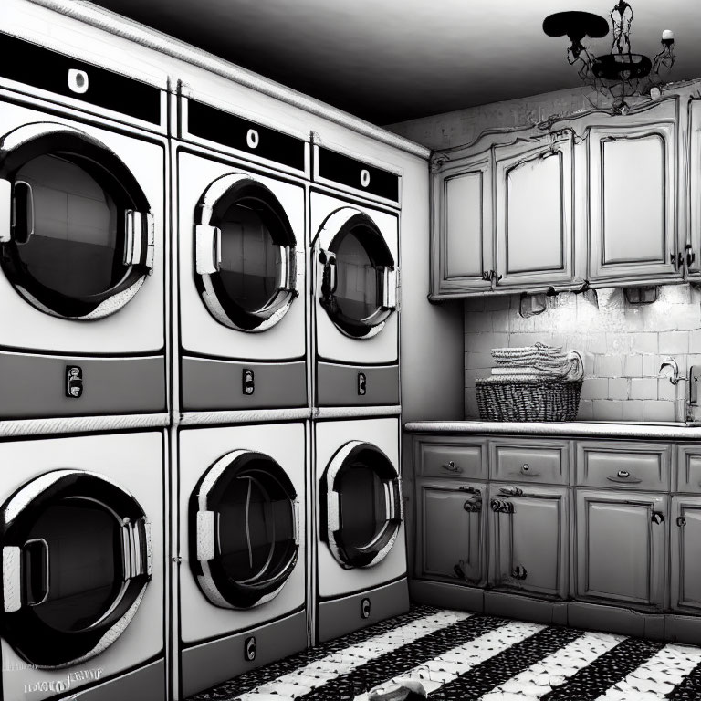 Monochrome laundry room with six washing machines and classic cabinetry