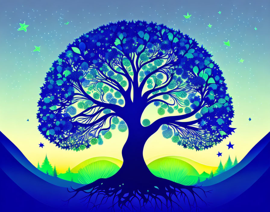 Colorful Tree Illustration with Heart-shaped Leaves Against Twilight Sky