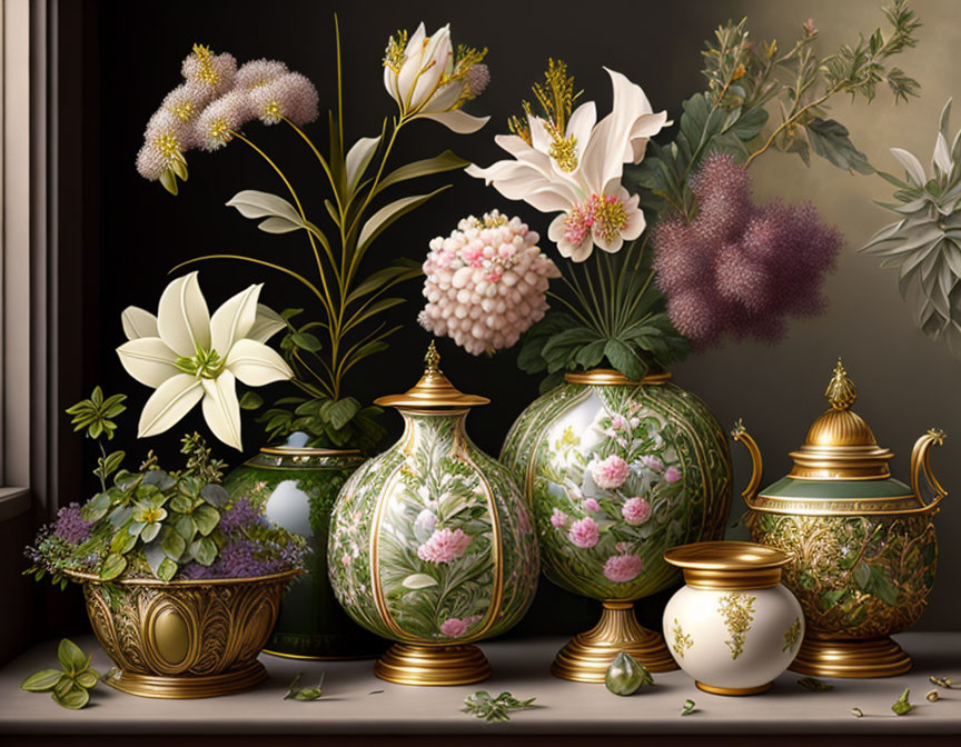 Detailed Floral Arrangements in Ornate Vases on Dark Background