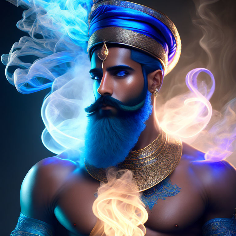 Stylized portrait of a man with turban, beard, and golden neckwear in blue smoke