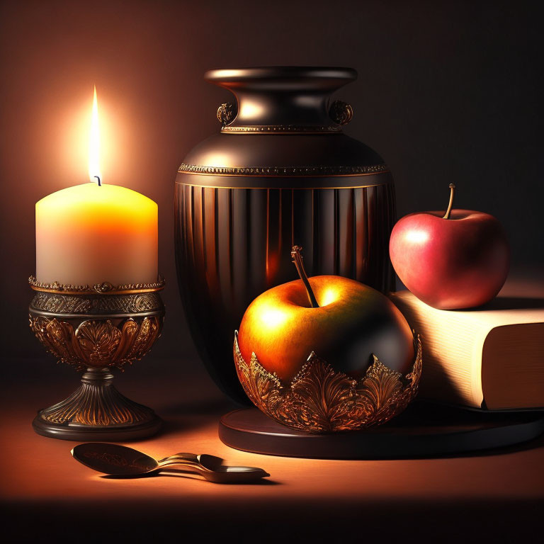 Table setting with lit candle, black urn, apples, book, and metal spoon under warm lighting