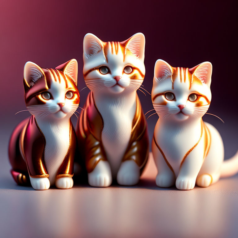 Three stylized 3D-rendered cats with orange and white fur on pink backdrop