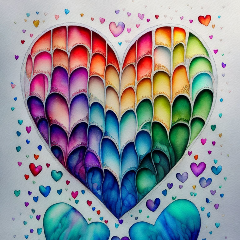 Vibrant watercolor heart made of smaller hearts in gradient colors on white paper