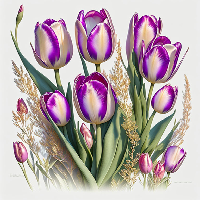 Purple and White Tulip Bouquet with Yellow Accents and Golden Wheat Stalks