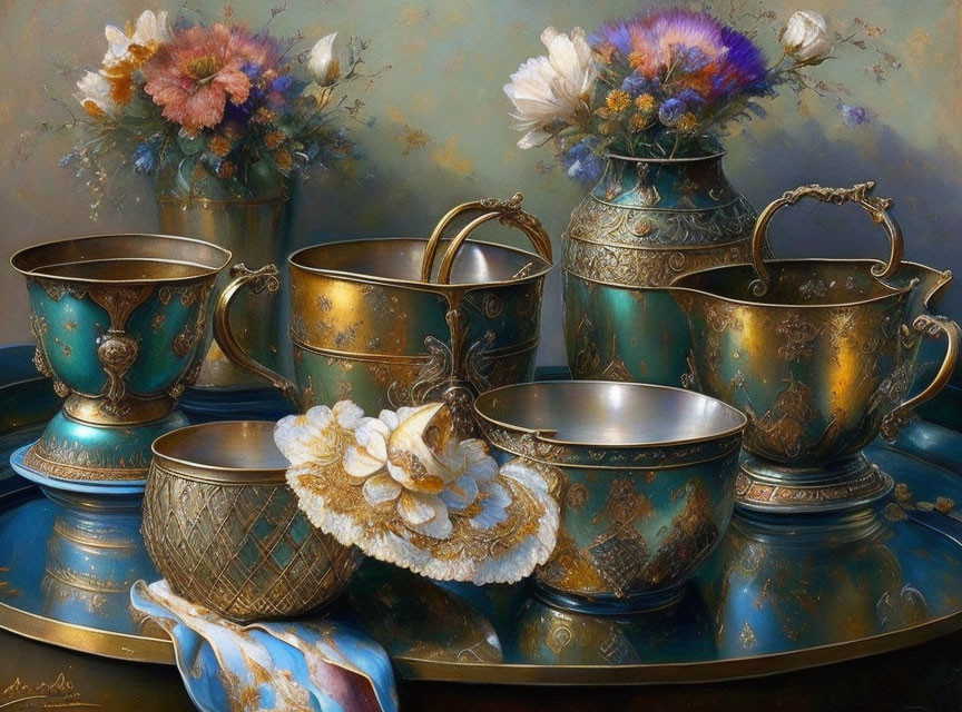 Ornate gold and turquoise tea set with vibrant flowers