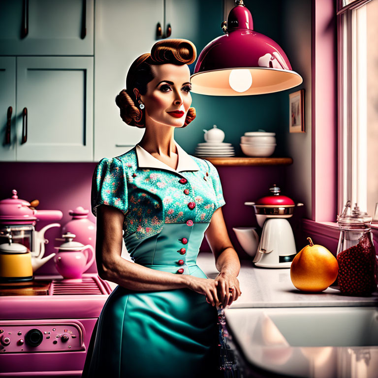 Vintage Kitchen Scene with Woman in Retro Attire and Mid-Century Decor