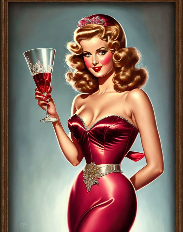 Vintage Pin-Up Style Woman with Wavy Hair and Red Dress Holding a Glass