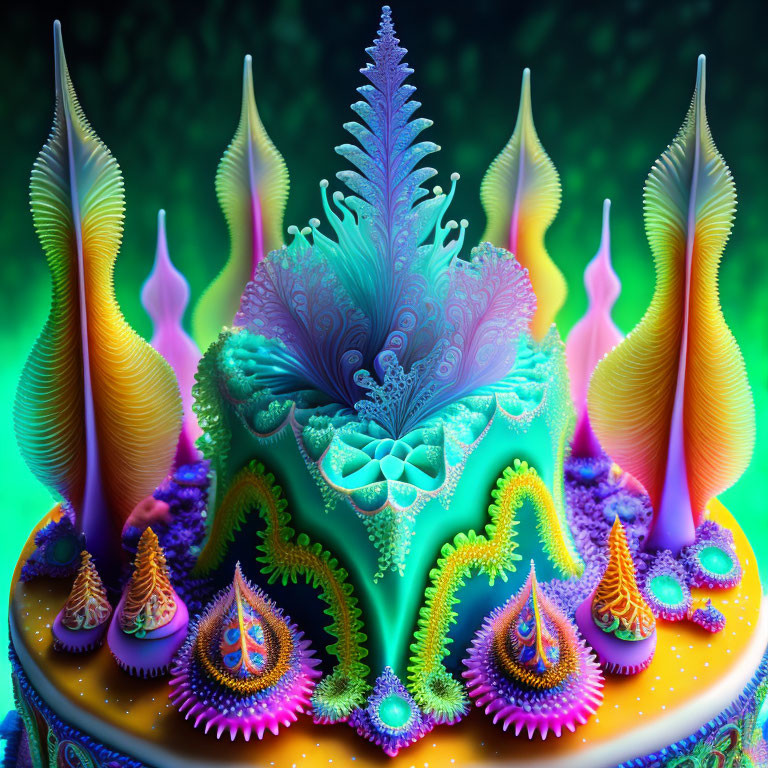 Colorful Psychedelic Digital Art with Fractal Patterns and Alien Landscape Theme