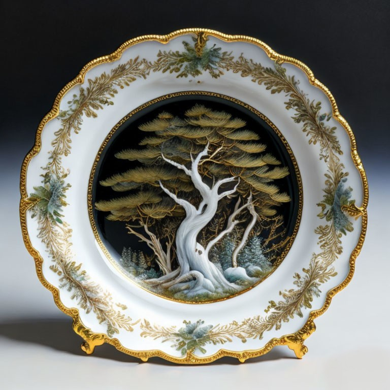 Porcelain plate with gold trim: White tree, golden leaves on black background