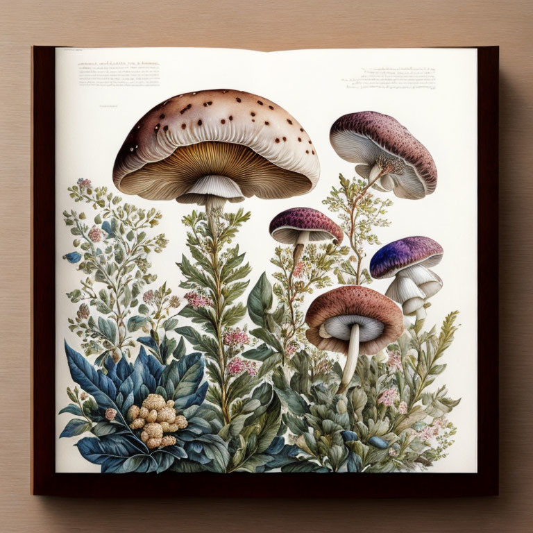 Detailed Botanical Illustration of Mushrooms and Plants on Open Book