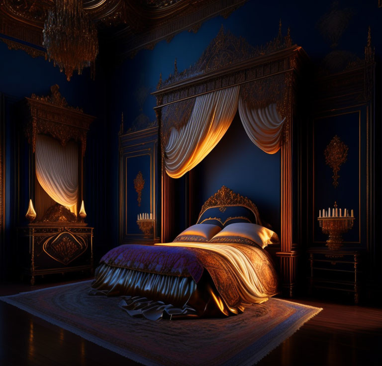 Luxurious Canopy Bed with Gold and Blue Bedding in Opulent Bedroom