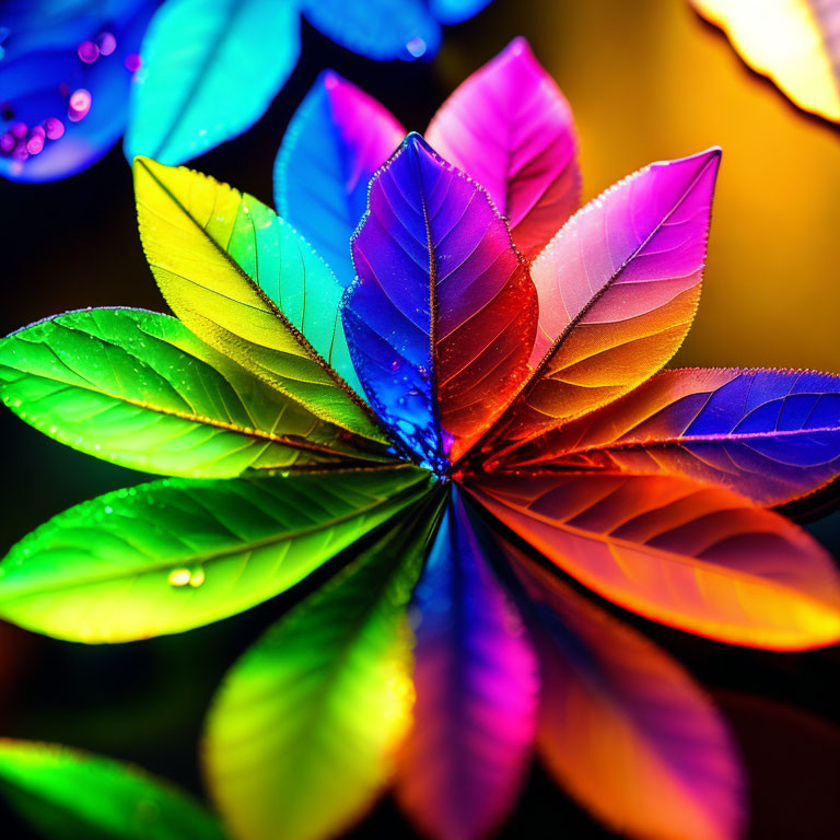 Symmetrical arrangement of vibrant multicolored leaves with water droplets on blurred background