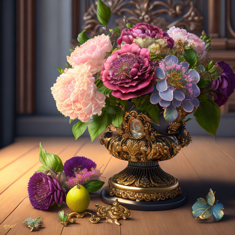 Luxurious floral arrangement with peonies, hydrangeas, jewelry, lemon, and butterfly on