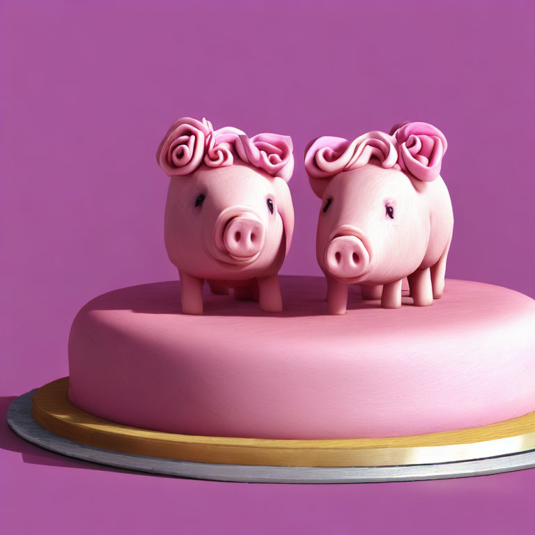 Stylized pig figures on pink cake with purple background