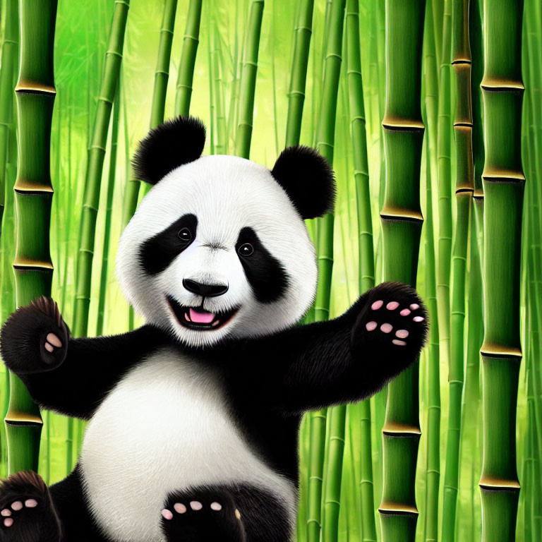 Cartoon panda with open arms in bamboo forest background